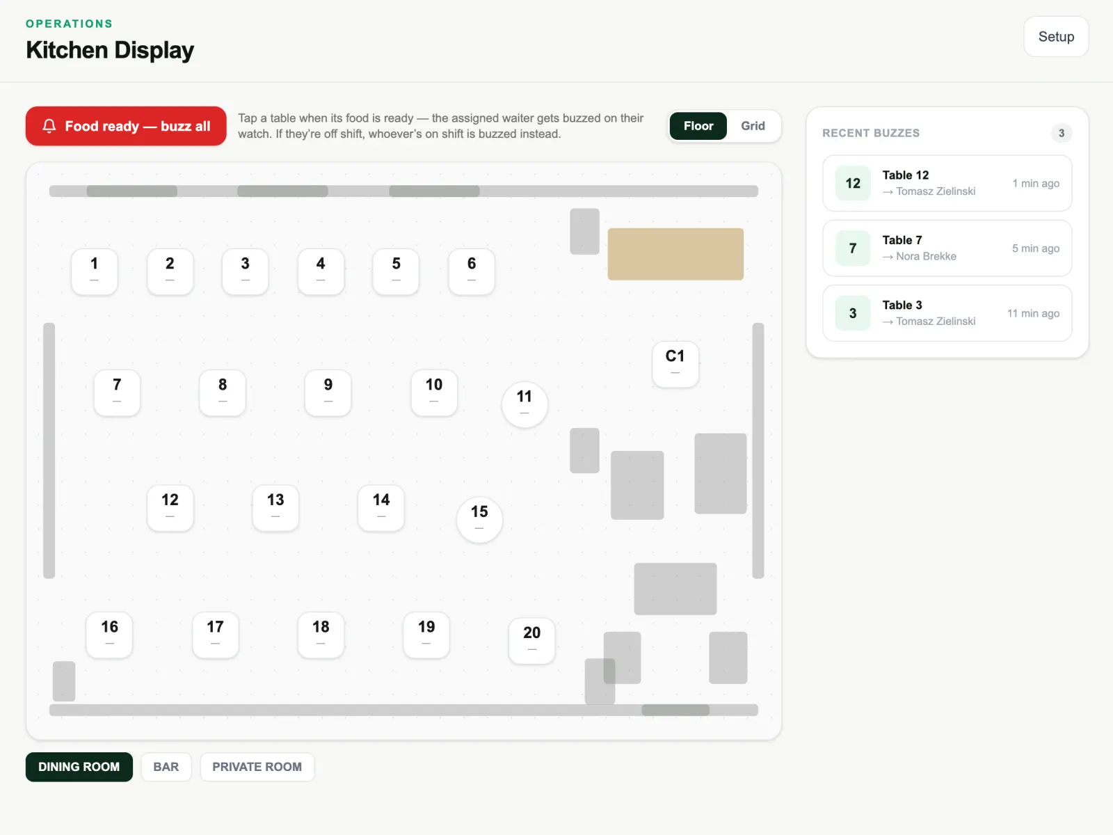 Yasi kitchen display — tap a table when its food is ready