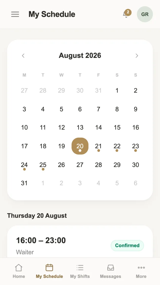 Yasi Staff app — monthly schedule