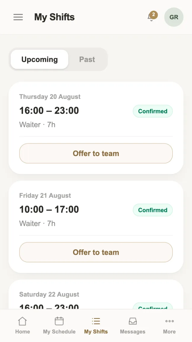 Yasi Staff app — upcoming shifts with offer to team